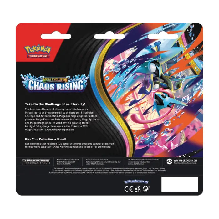 Pokémon TCG Chaos Rising 3-Pack Blister packaging featuring 3 booster packs and an exclusive Charmeleon foil promo card.