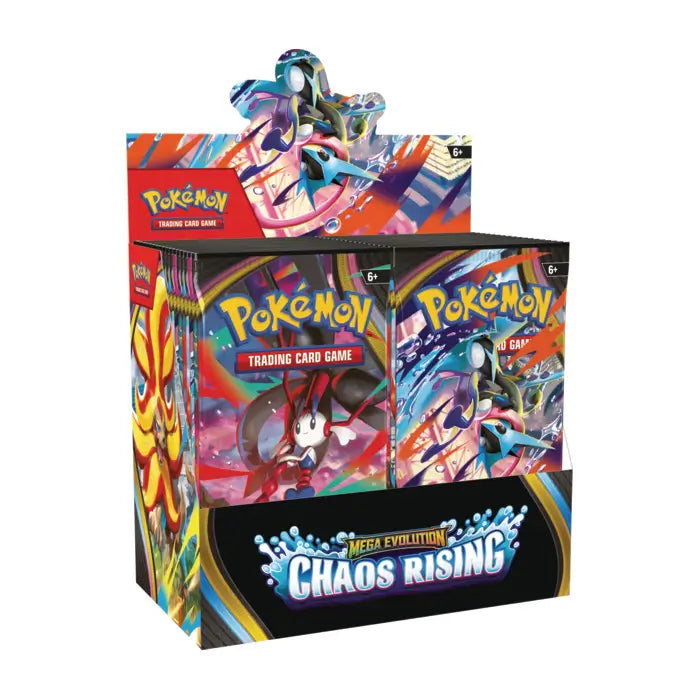 Factory sealed Pokémon TCG Mega Evolution Chaos Rising Booster Box featuring Mega Greninja and Mega Floette artwork.