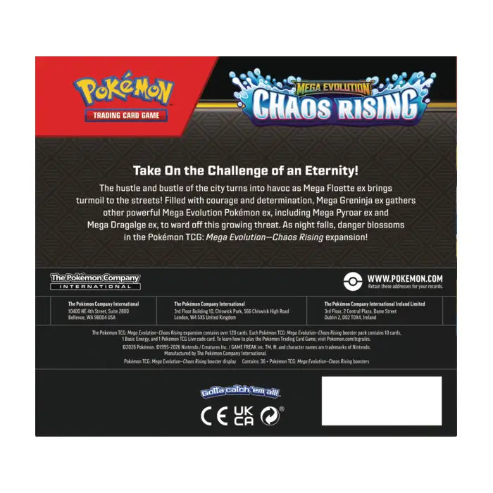 Factory sealed Pokémon TCG Mega Evolution Chaos Rising Booster Box featuring Mega Greninja and Mega Floette artwork.