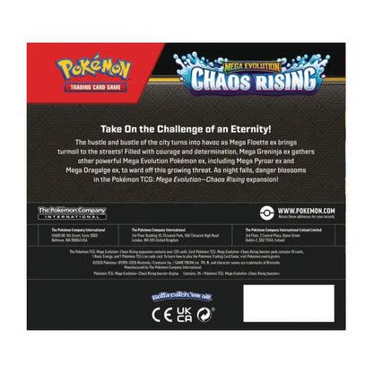 Factory sealed Pokémon TCG Mega Evolution Chaos Rising Booster Box featuring Mega Greninja and Mega Floette artwork.