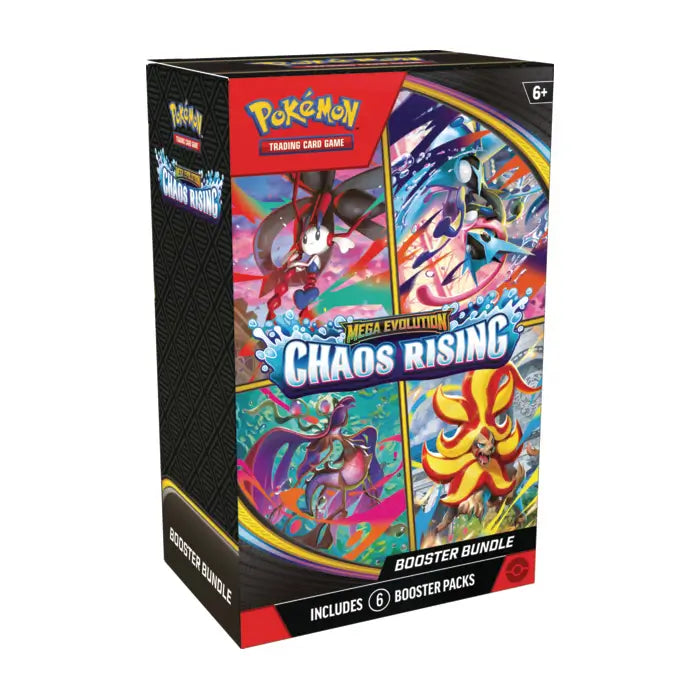 Official Pokémon TCG Chaos Rising Booster Bundle box containing six booster packs with Mega Evolution artwork.