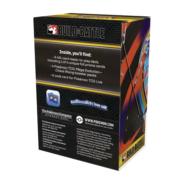 Official Pokémon TCG Chaos Rising Build and Battle Box featuring 4 booster packs and a 40-card evolution pack with a stamped promo card.