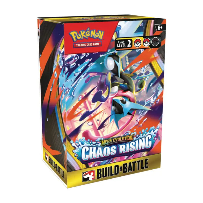 Official Pokémon TCG Chaos Rising Build and Battle Box featuring 4 booster packs and a 40-card evolution pack with a stamped promo card.