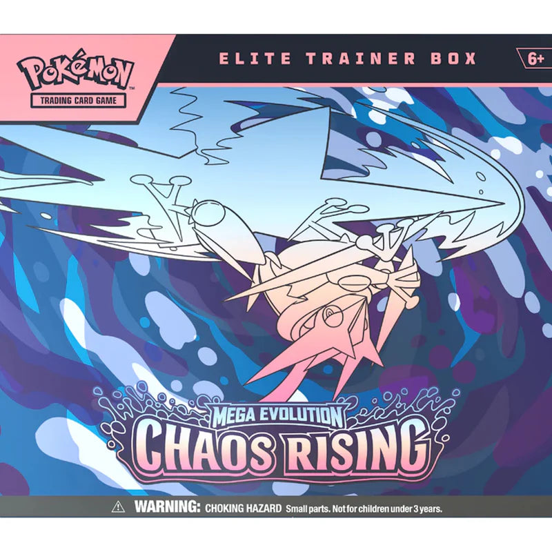 Official Pokémon TCG Chaos Rising Elite Trainer Box (ETB) including 9 booster packs, card sleeves, and an exclusive foil promo card.