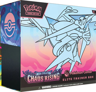Official Pokémon TCG Chaos Rising Elite Trainer Box (ETB) including 9 booster packs, card sleeves, and an exclusive foil promo card.