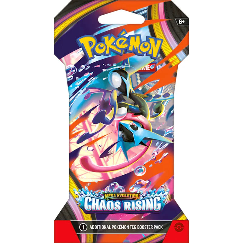 Front view of a Pokémon TCG Mega Evolution Chaos Rising Sleeved Booster Pack in official cardboard packaging.