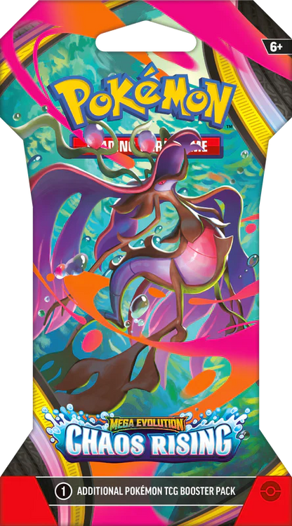 Front view of a Pokémon TCG Mega Evolution Chaos Rising Sleeved Booster Pack in official cardboard packaging.