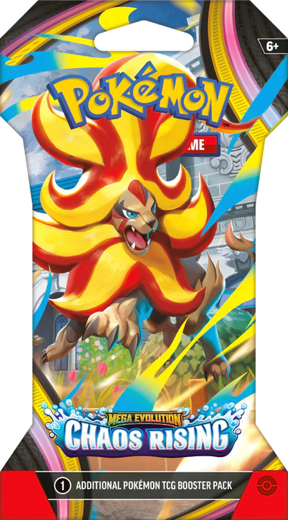Front view of a Pokémon TCG Mega Evolution Chaos Rising Sleeved Booster Pack in official cardboard packaging.