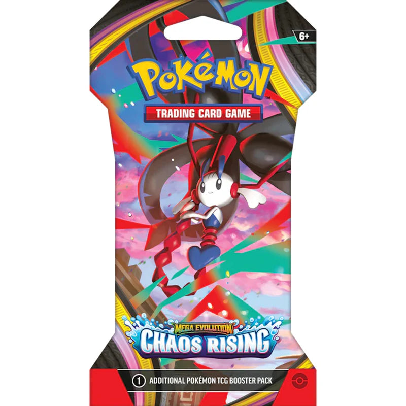 Front view of a Pokémon TCG Mega Evolution Chaos Rising Sleeved Booster Pack in official cardboard packaging.