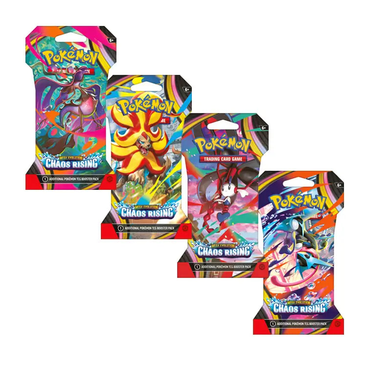 Front view of a Pokémon TCG Mega Evolution Chaos Rising Sleeved Booster Pack in official cardboard packaging.