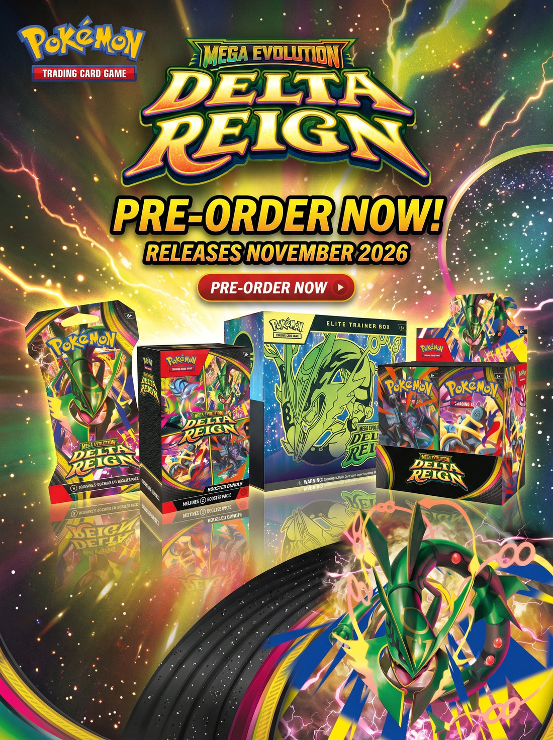 Shop Pokémon TCG: Mega Evolution—Delta Reign at FineToys, featuring Mega Rayquaza ex, sealed products and more. Canada & U.S. shipping.