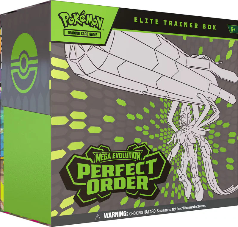 Sealed Pokémon TCG Mega Evolution—Perfect Order Elite Trainer Box featuring Mega Zygarde ex artwork and contents