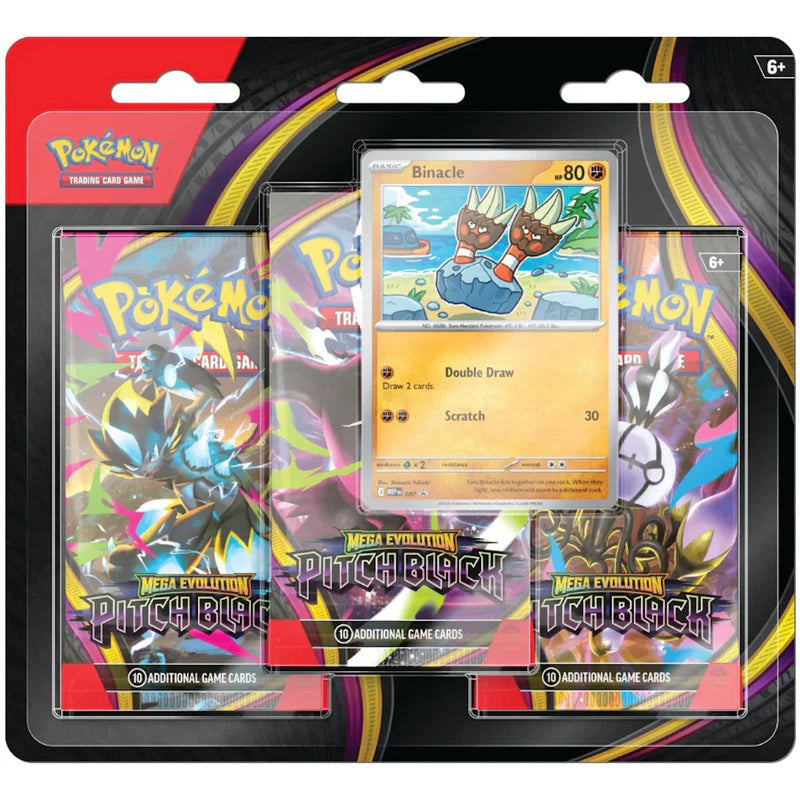 Pokémon TCG Mega Evolution Pitch Black 3-Pack Blister Binacle edition factory sealed with three booster packs and foil promo.