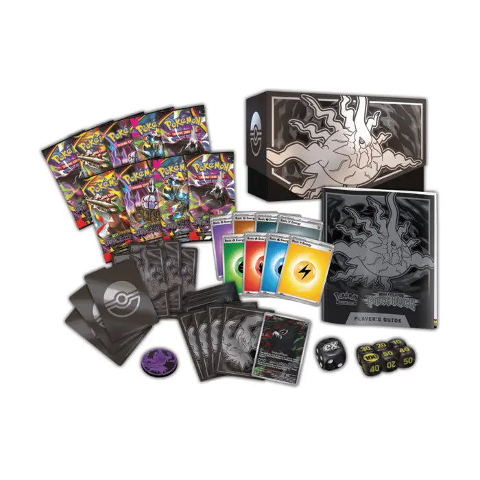 Full contents of the Pitch Black Elite Trainer Box including 9 booster packs, Zarude foil promo card, and accessories.