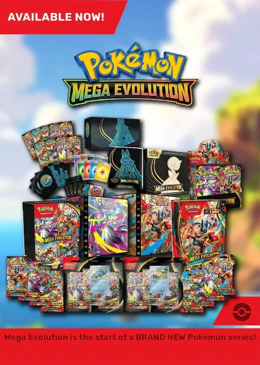 Pokémon Mega Evolution trading card game packs with a blue sky and clouds in the background.