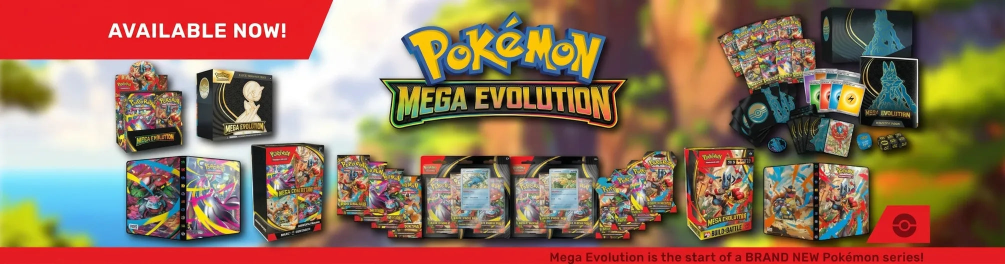 Pokémon Mega Evolution trading card game packs with colorful designs on a blurred nature background.