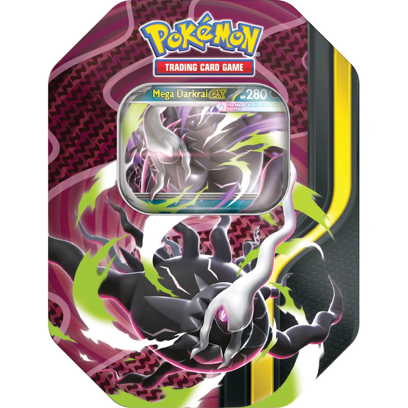 Pokémon TCG Mega Forces Tin Mega Darkrai ex factory sealed with exclusive foil promo card and 4 booster packs — available at FineToys.ca.