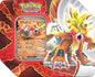 Pokémon TCG Paradox Destinies Tin featuring Gouging Fire ex Ancient Paradox promo card
