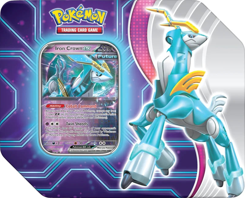 Pokémon TCG Paradox Destinies Tin featuring Iron Crown ex Future Paradox promo card
