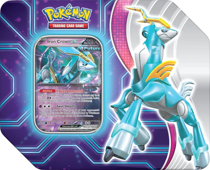 Pokémon TCG Paradox Destinies Tin featuring Iron Crown ex Future Paradox promo card
