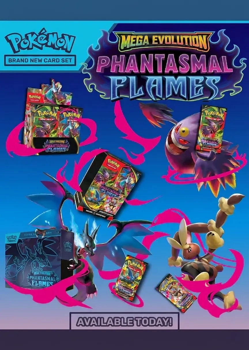 Promotional image for Pokémon Mega Evolution Phantasmal Flames card set with characters and packaging on a blue background.