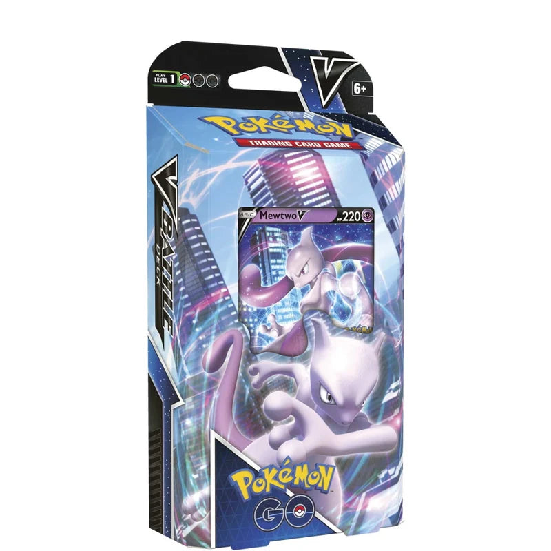 Full contents of the Mewtwo V Battle Deck including playmat, reference cards, metallic coin, and deck box.