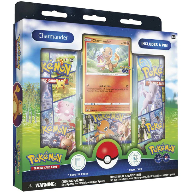 Pokémon TCG Pokémon GO Pin Collection Charmander factory sealed box featuring enamel pin, promo card, and 3 booster packs — available at FineToys.ca.