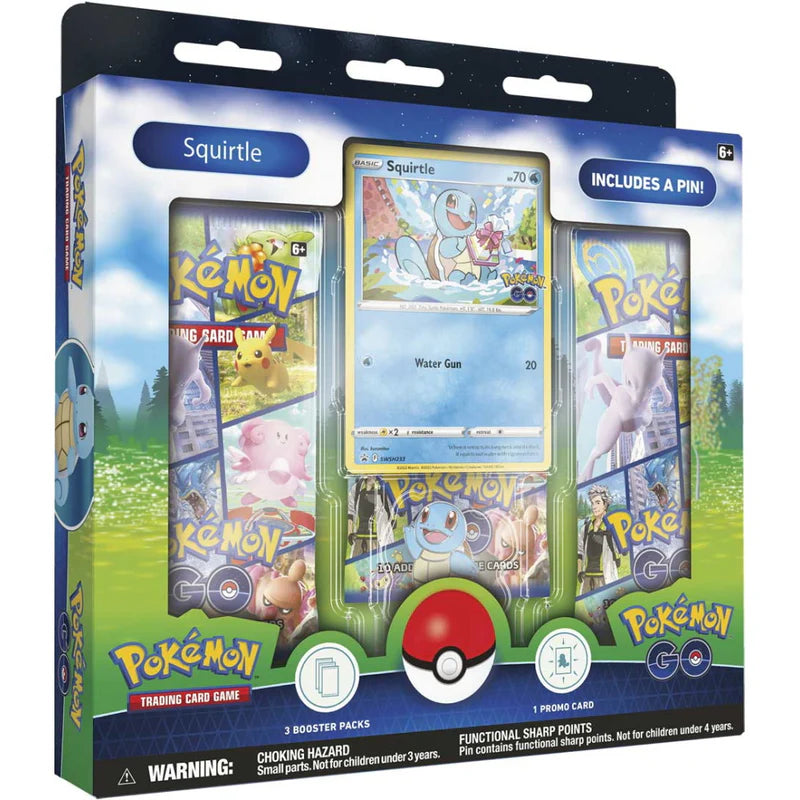 Pokémon TCG Pokémon GO Pin Collection Squirtle factory sealed box featuring enamel pin, promo card, and 3 booster packs — available at FineToys.ca.
