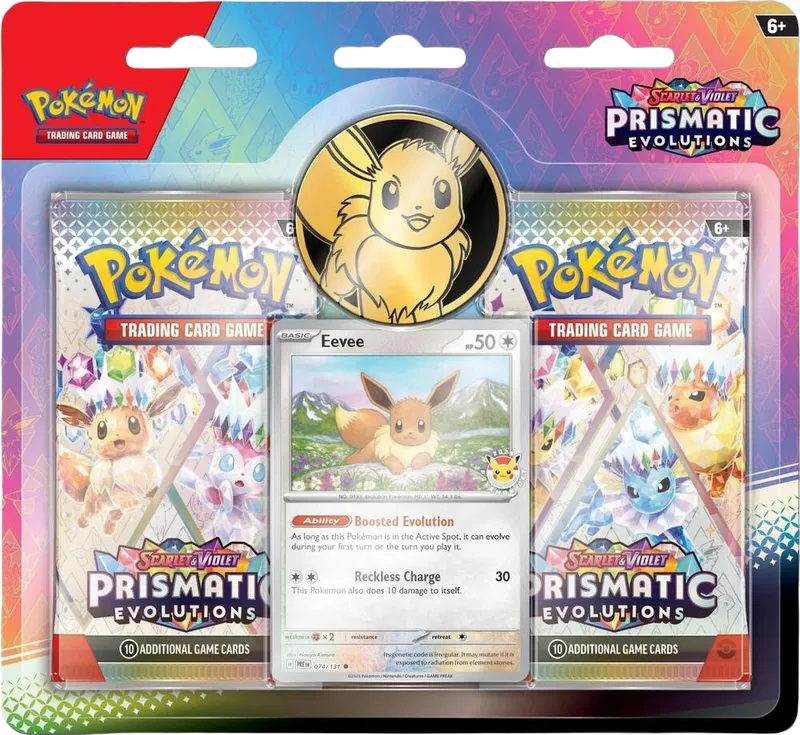 Sealed Prismatic Evolutions 2-Pack Blister with Eevee promo card featuring the Pokémon Day 2025 logo stamp.
