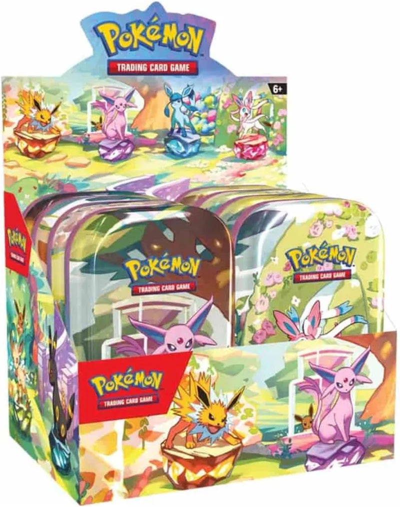 Pokémon TCG Scarlet and Violet Prismatic Evolutions Mini Tin Display complete set of 8 featuring all Eeveelutions — available at FineToys.ca