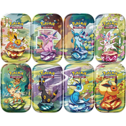 All 8 Pokémon TCG Prismatic Evolutions Mini Tins displayed together featuring Vaporeon, Jolteon, Flareon, Espeon, Umbreon, Leafeon, Glaceon, and Sylveon
