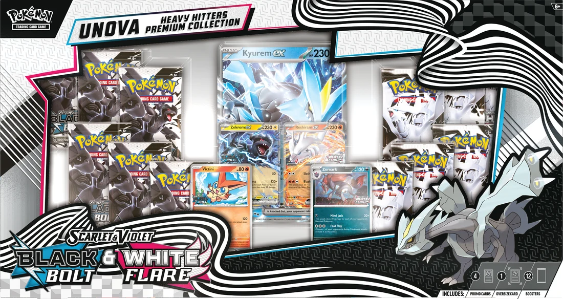 Pokémon Unova Heavy Hitters Collection with 12 Black Bolt and White Flare packs four foil promos and oversize Kyurem ex