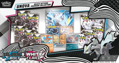 Pokémon Unova Heavy Hitters Collection with 12 Black Bolt and White Flare packs four foil promos and oversize Kyurem ex