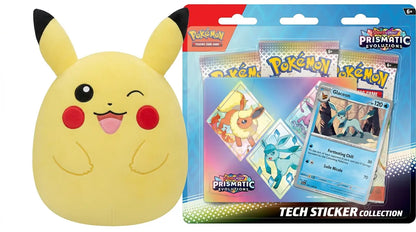 Prismatic Evolutions Tech Sticker Collection featuring Glaceon with Squishmallows 10-inch winking Pikachu plush bundle from FineToys.ca