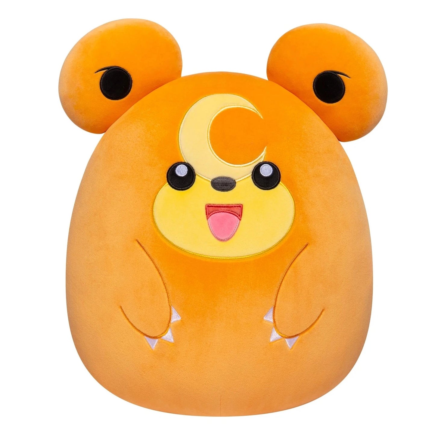 Official Pokémon Teddiursa Squishmallows plush sitting upright, featuring its signature crescent moon emblem on its forehead and round bear ears.