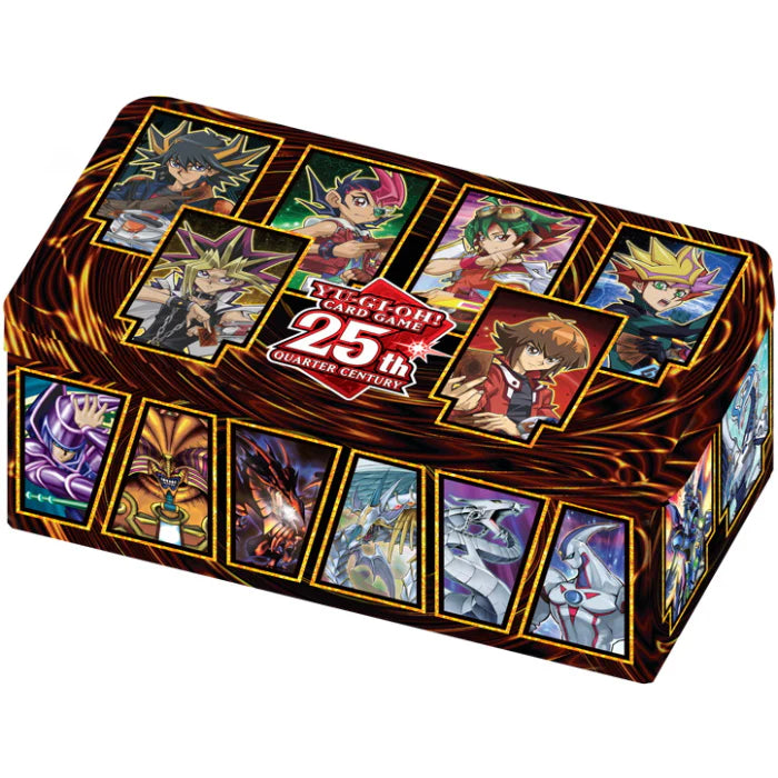 Yu-Gi-Oh! 25th Anniversary Tin Dueling Heroes sealed tin packaging, gold foil design, collector's item